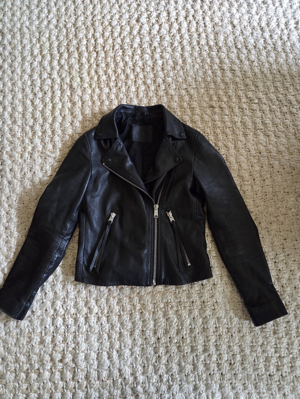 AllSaints Black Leather Asymmetric Zip Jacket